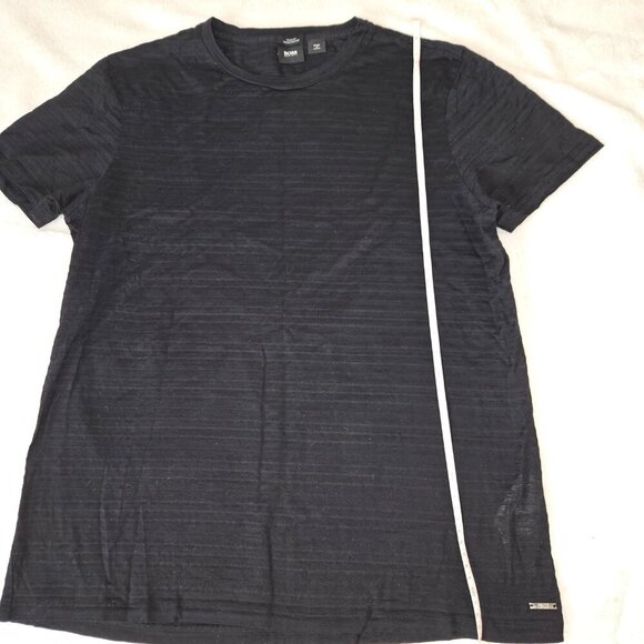 BOSS Mens Short Sleeve Black Striped Sheer T-shirt slim fit mercerized cotton L - Picture 7 of 10